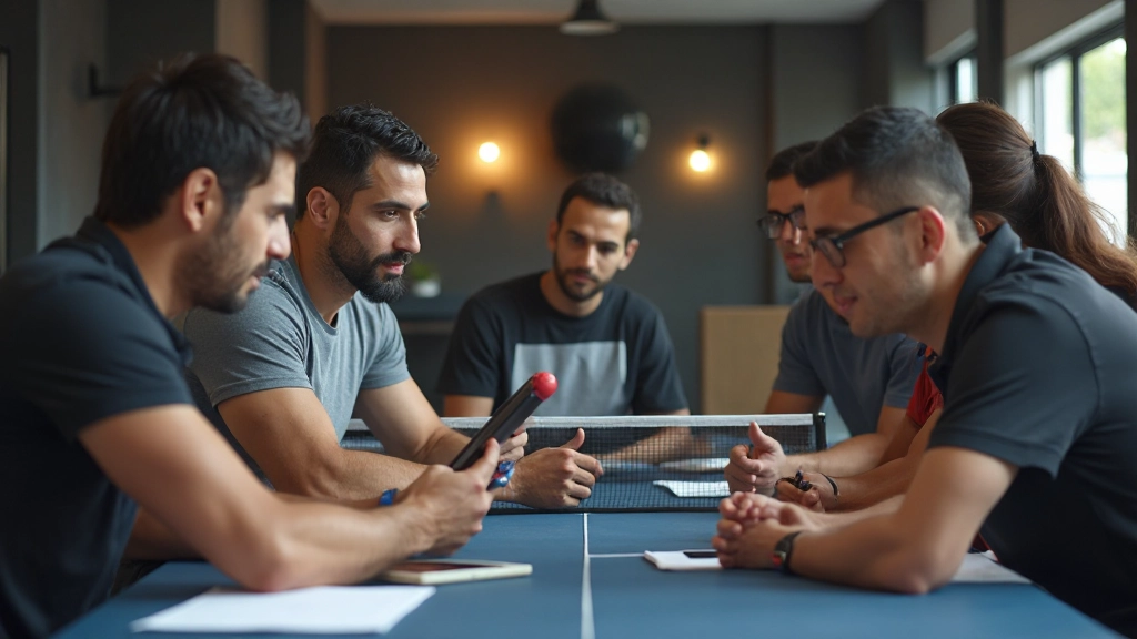 فريق تدريبي متكامل يناقشون خطة تطوير اللاعب في جلسة عمل متعاونة